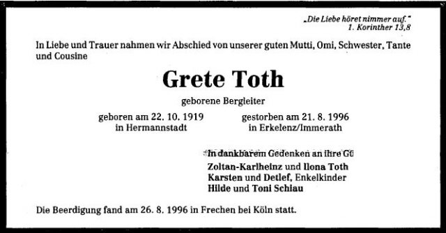 Bergleiter Grete 1919-1996 Todesanzeige